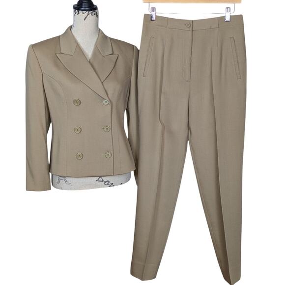 90s Vintage INC International Concepts Double Breasted Wool Pant Suit Tan Size 8 - Picture 1 of 16